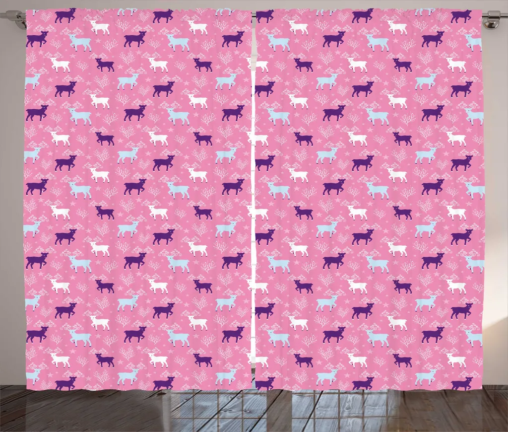 Rideau Rustique Rose Pâle Imprimé Renne avec Boucles et Crochets 280cm