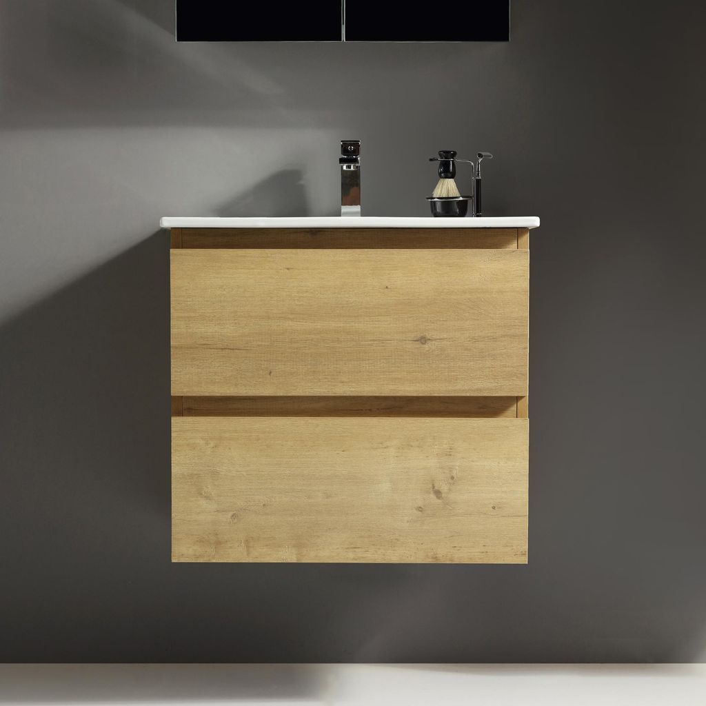 Alpenberger Waschbecken mit Unterschrank 60 cm Breit Eiche Natur | Aufsatzwaschbecken Waschbeckenunterschrank Waschplätze | Waschtisch Gäste WC M...