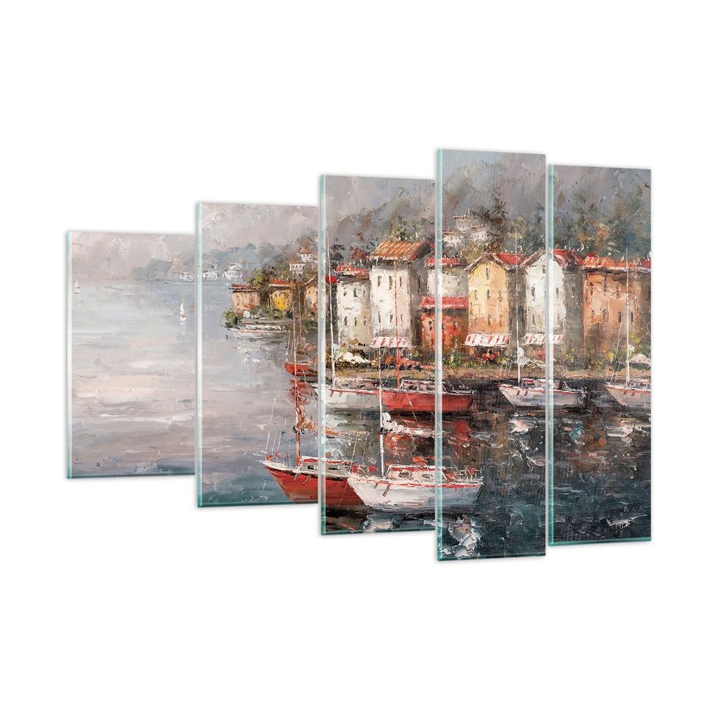 Bilder auf glas - 5 Teile - Meer Hafen Segel - 150x100cm - Glasbilder - Wandbilder - Bilder - zum Aufhängen bereit - Wanddekoration aus Glas - Gla...