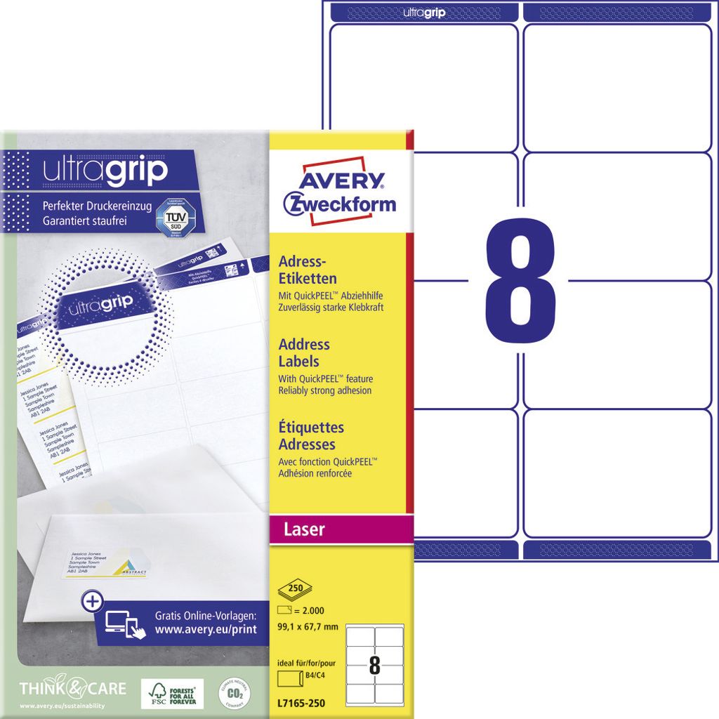 Avery Zweckform L7165-250 Versand-Etiketten, A4 mit ultragrip, 99,1 x 67,7 mm, 250 Bogen/2.000 Etiketten, weiß