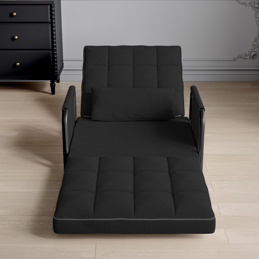 UnboxG Sofa-Bett Schwarz aus Lammfell, 5-fach verstellbar, Multifunktionale Schlafcouch mit seitlichen Aufbewahrungstaschen