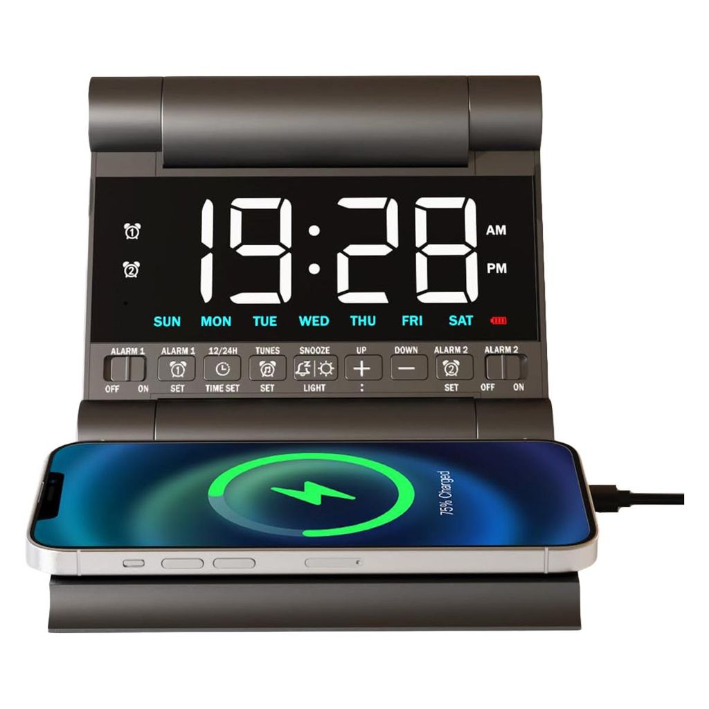 Wecker mit kabelloser Ladefunktion, Digitaler Smart-Tischwecker, zwei Alarme, 4 Helligkeitsstufen, faltbares Design, integrierter Akku