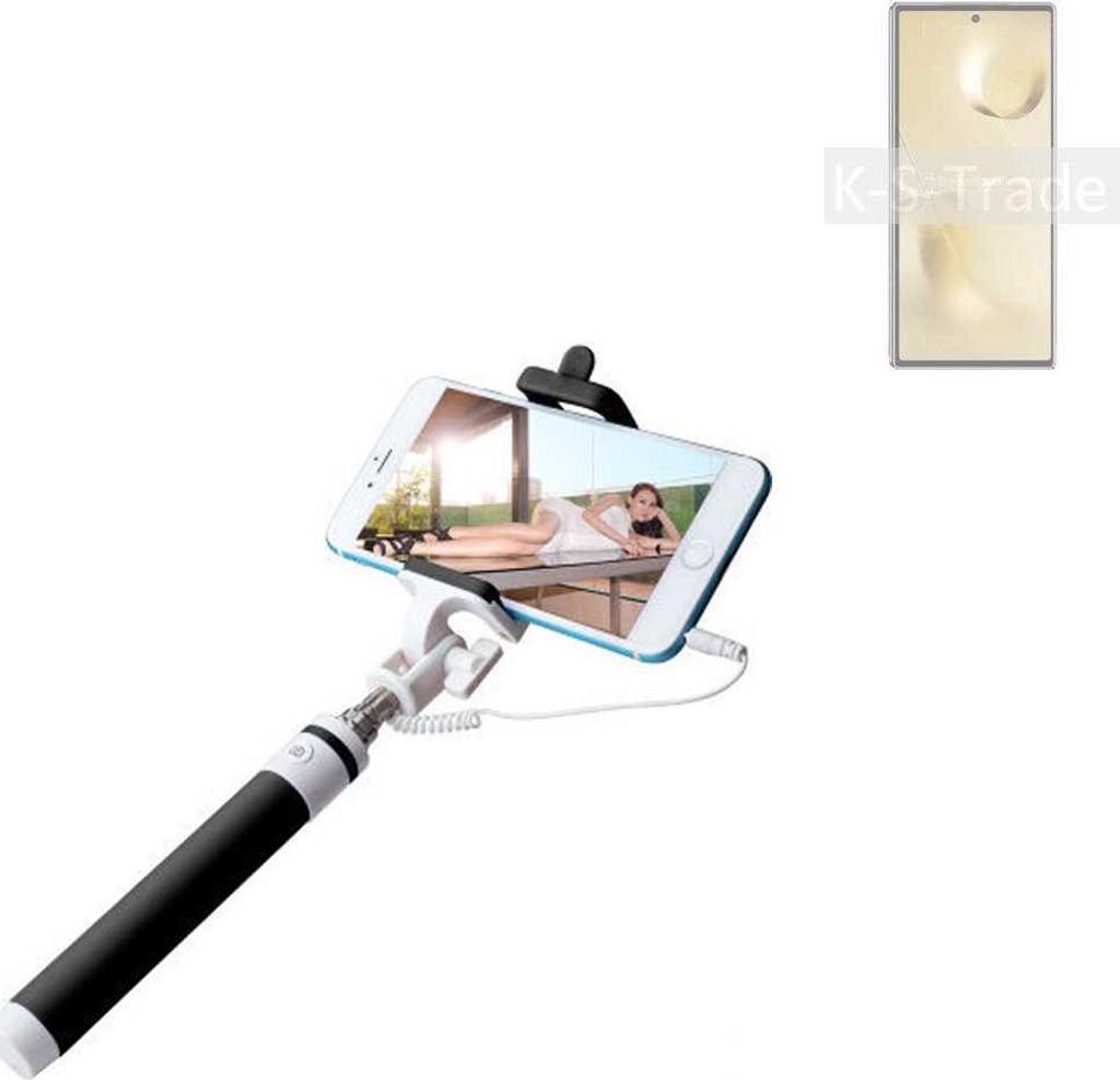 K-S-Trade Selfie Stick kompatibel mit Xiaomi Mi MIX Fold 2 Selfiestick kabelgebunden Monopod mit Kabel Stab Stange Selfportrait Handheldstick schwarz