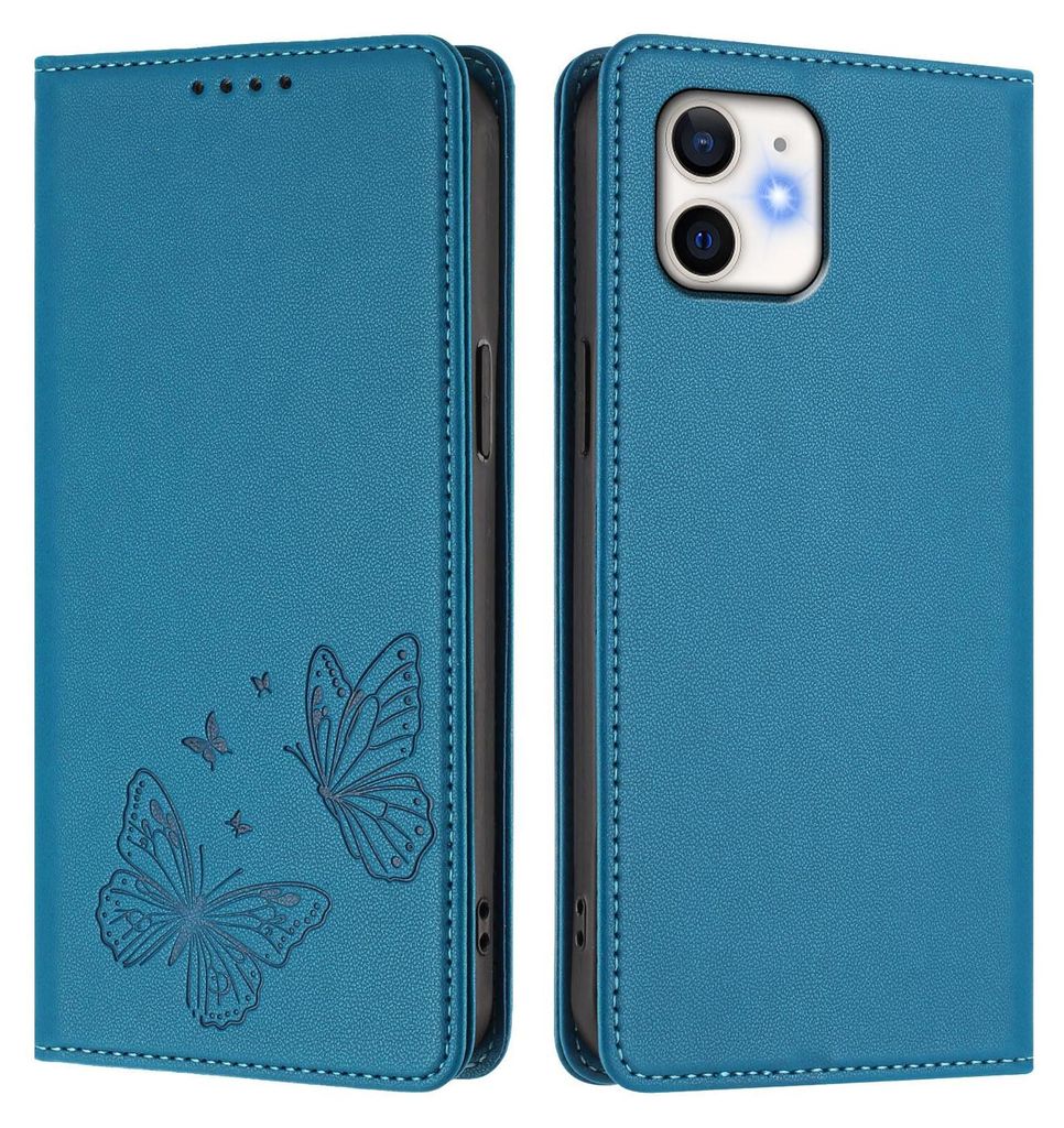 Lederhülle für iPhone 12/iPhone 12 Pro, Schmetterling Prägung Leder Brieftasche Schutzhülle mit Ständer Blau