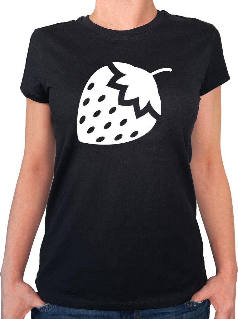 Huuraa Damen T-Shirt Erdbeere Strawberry XS Black Bio Baumwolle Fairtrade Damenshirt Geschenkidee