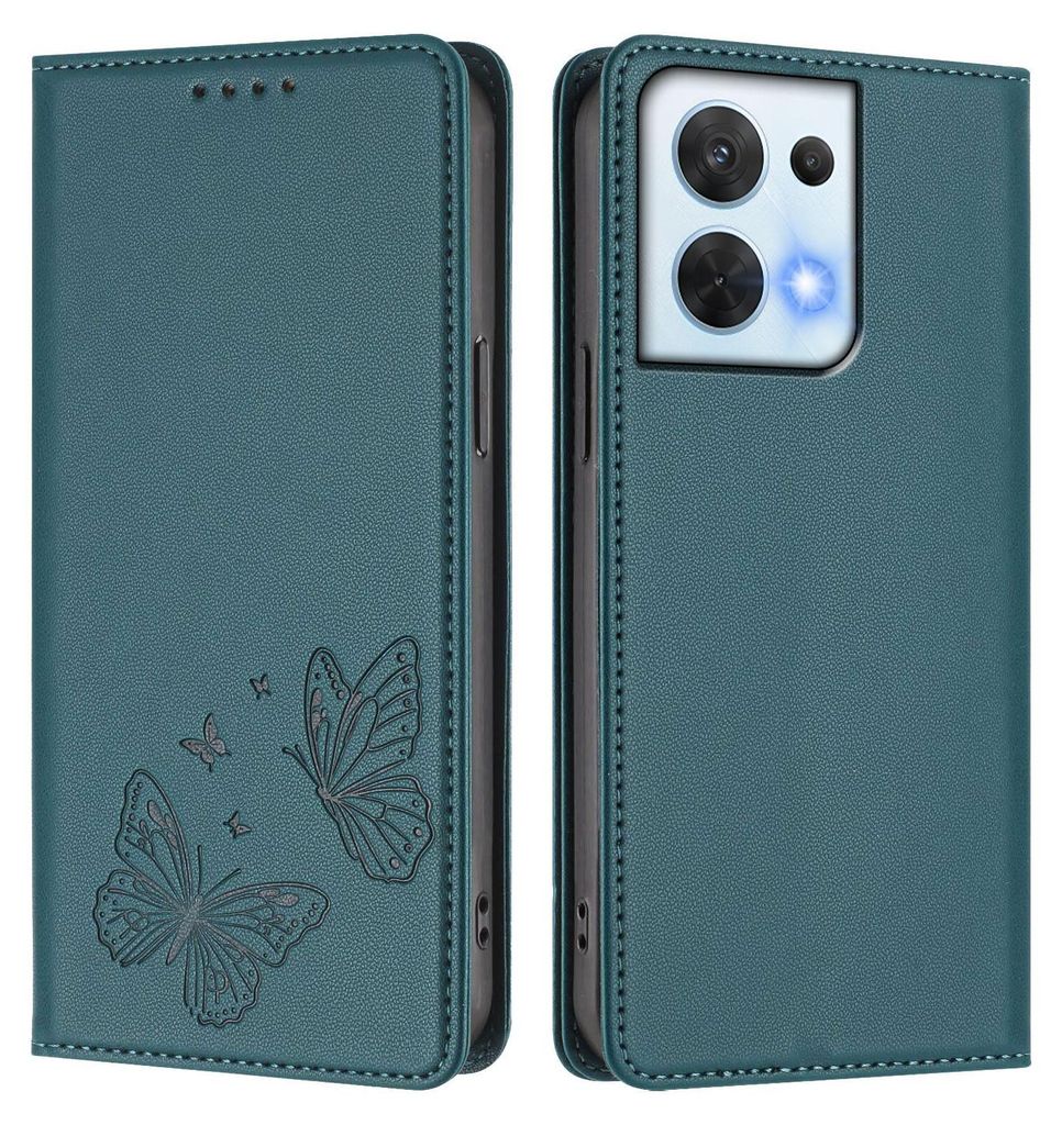 Lederhülle für Oppo Reno8 5G, Schmetterling Prägung Leder Brieftasche Schutzhülle mit Ständer Grün