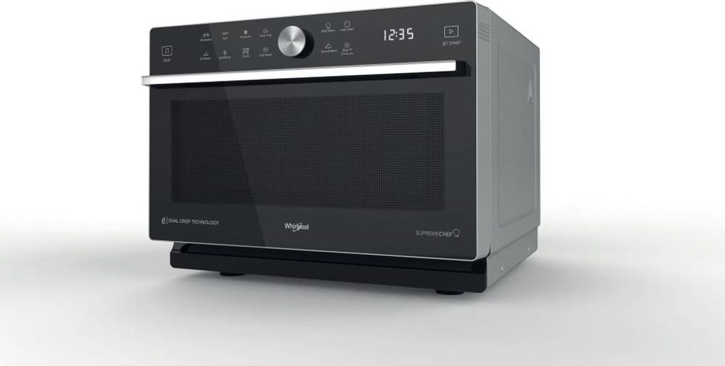 A black Whirlpool microwave oven on a white background.