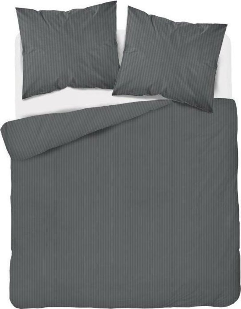 A dark gray striped duvet cover and two pillowcases are laid out on a white surface.