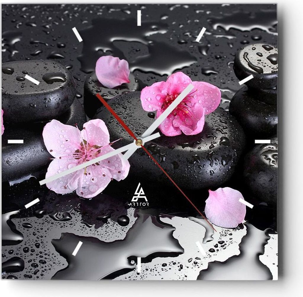 Wanduhr - Quadrat - Glasuhr - Blumen Steine Tropfen Spa - 40x40cm - Schleichendes Uhrwerk - Lautlos - zum Aufhängen bereit - Dekoration Modern - W...