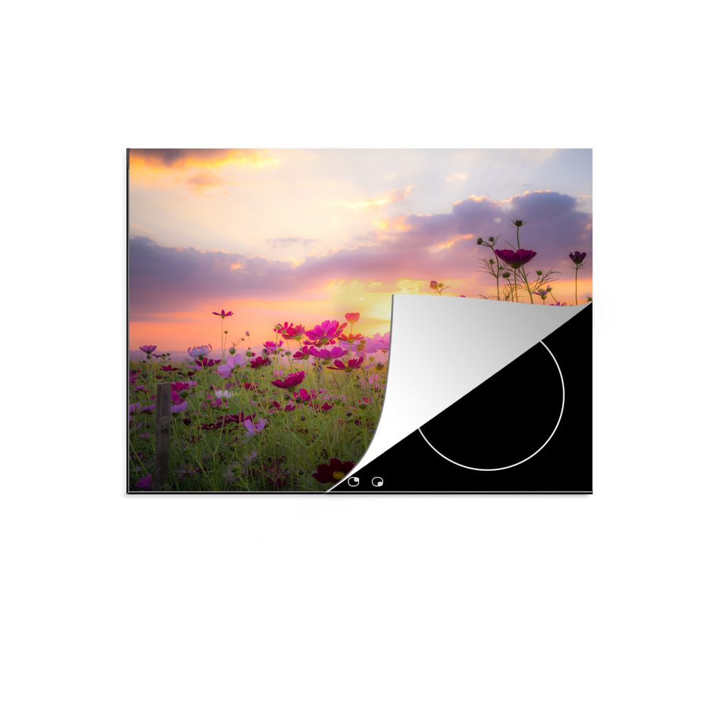 KitchenYeah Herdabdeckplatte Blumen - Rosa - Sonnenuntergang - Natur - Wiese - Horizont , 60x52cm, Küche Deko, Glaskeramikkochfeld Herdabdeckung...