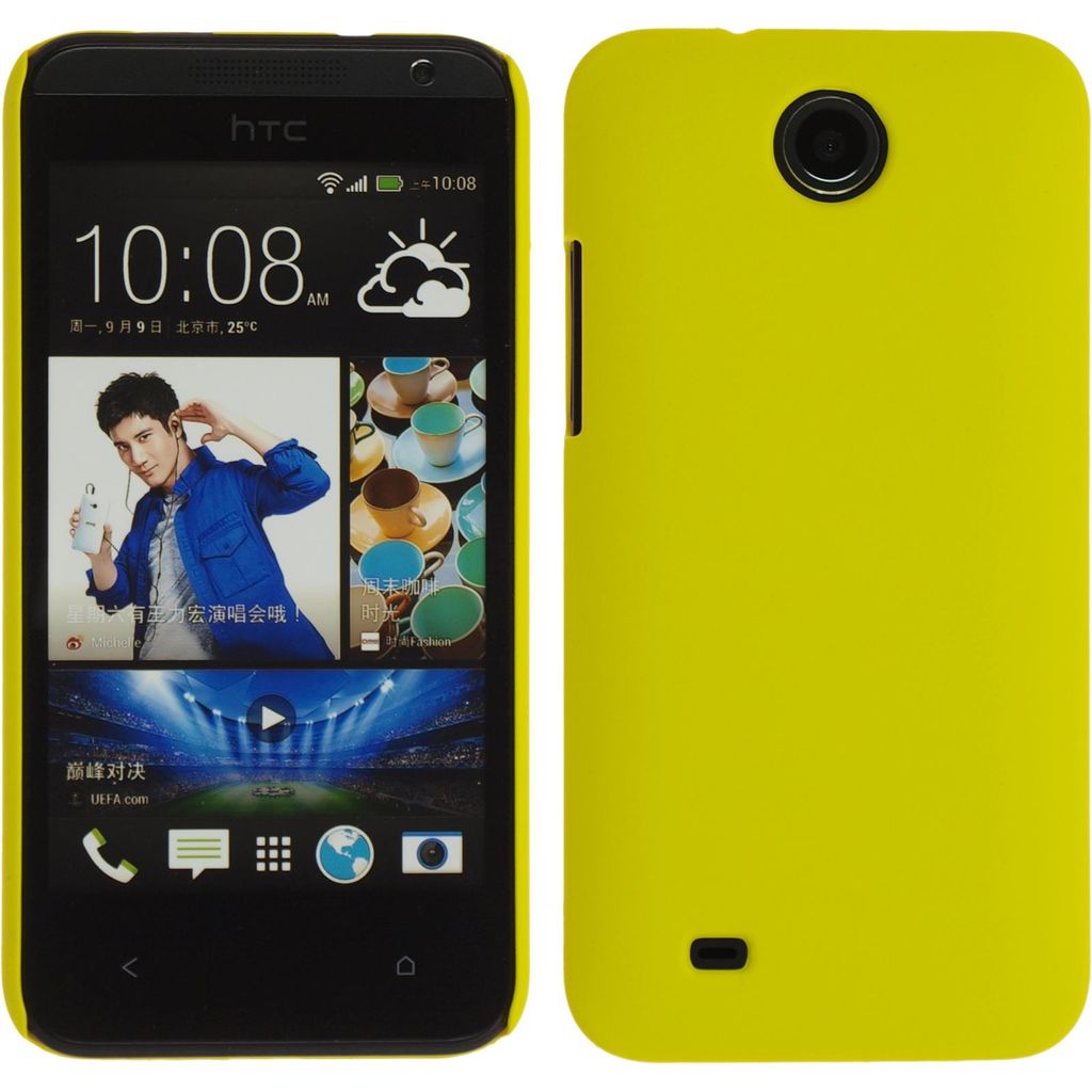 PhoneNatic Case kompatibel mit HTC Desire 300 - Hülle gelb gummiert Hard-case + 2 Schutzfolien