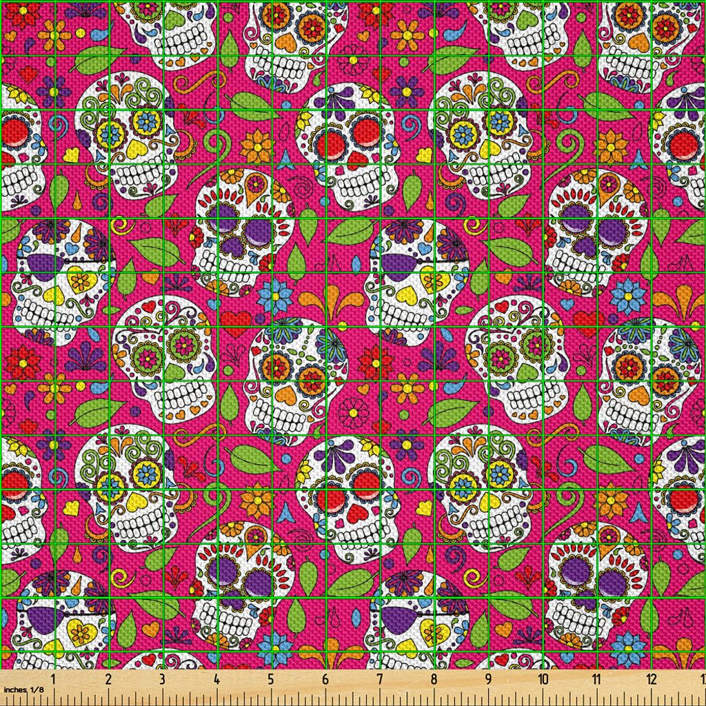 ABAKUHAUS Zuckerschädel Satin Stoff als Meterware, Bunte festliche Schädel verlässt den Piraten-Friedhof-Friedhof, der traditionell ist, 5 M (14...