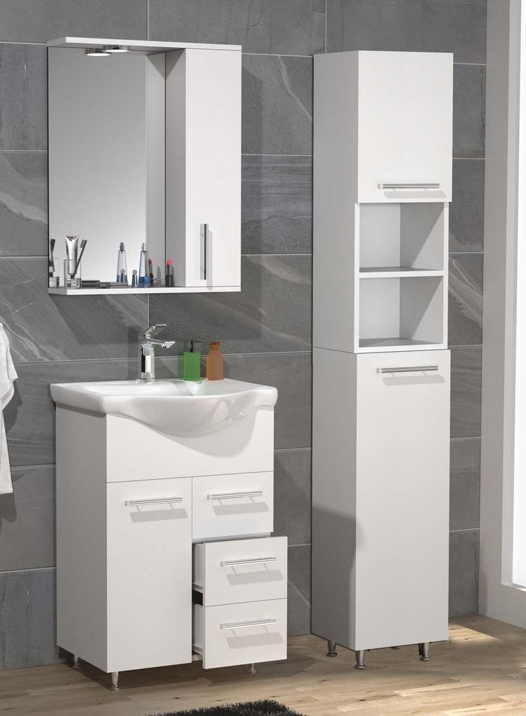 VCM 4-tlg. Waschplatz | Waschtisch Unterschrank 55 cm | Badmöbel Set mit Waschbecken Hochschrank Spiegelschrank | Schublade | Komplettset Lisalo L