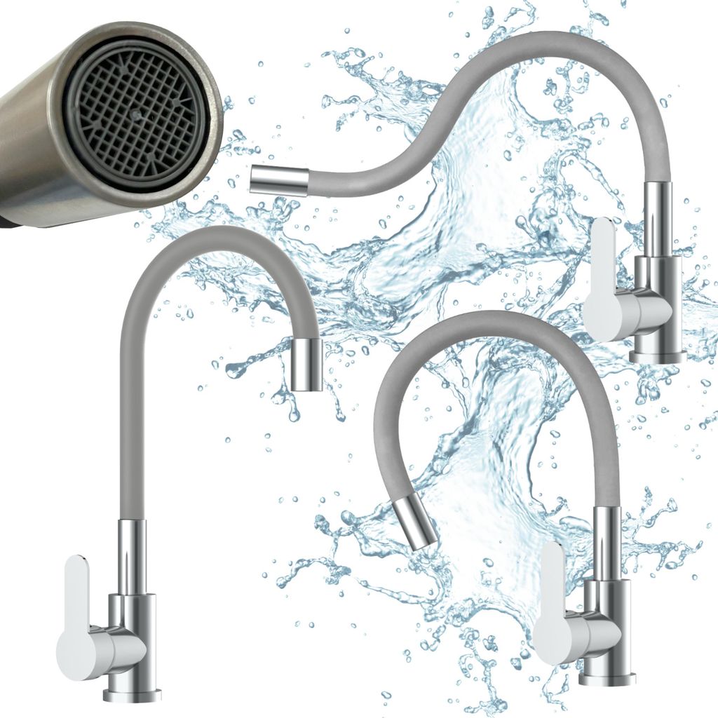 Küchenarmatur - Hochdruck Einhebelmischer - Flexibler 360° Auslauf - Stahl - Chromegrau - Höhe 40,1 cm - Anschluss 3/8 Zoll, MODERNO FLEX