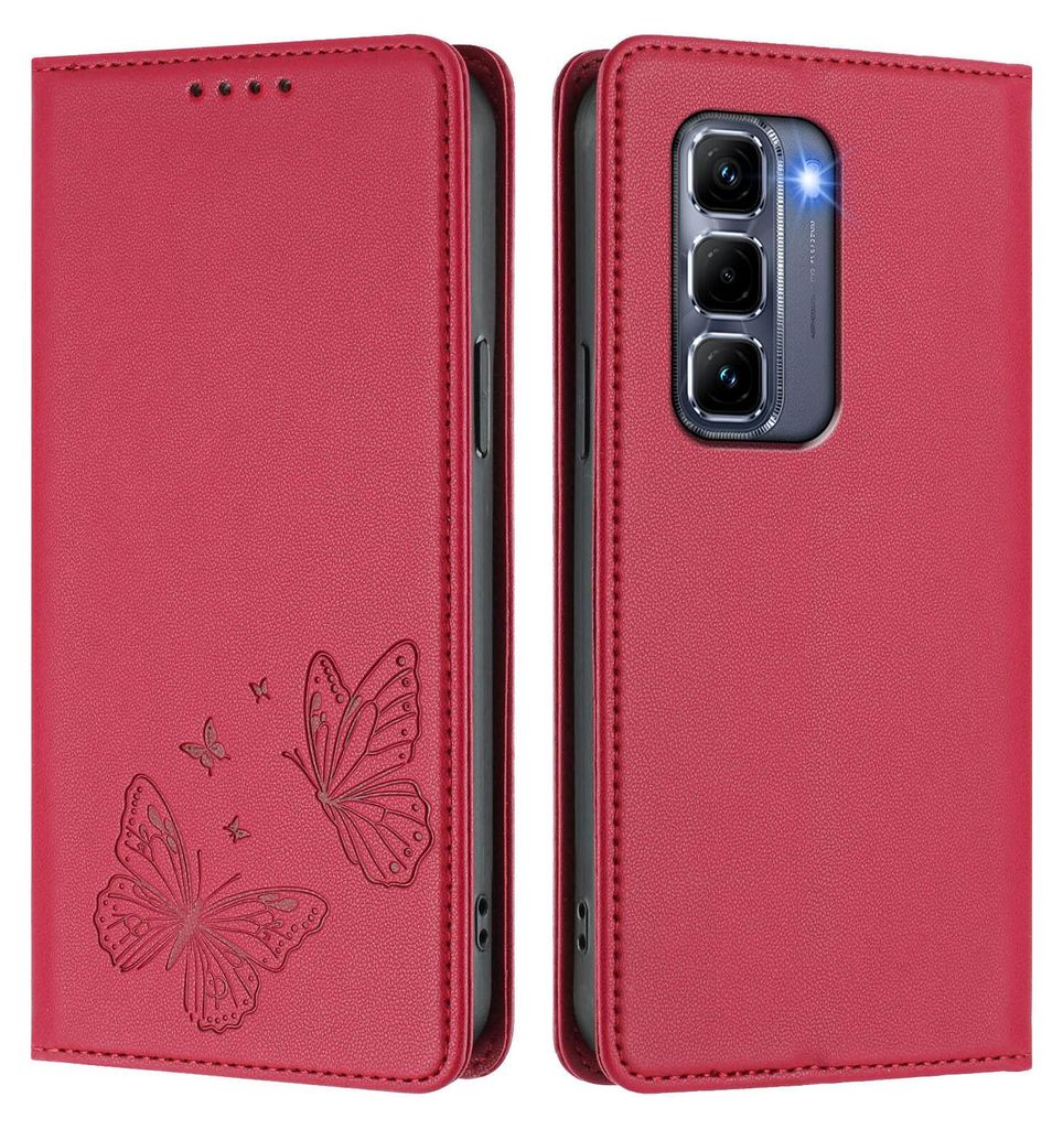 Lederhülle für Infinix Hot 50 Pro+ 4G, Schmetterling Prägung Leder Brieftasche Schutzhülle mit Ständer Rot