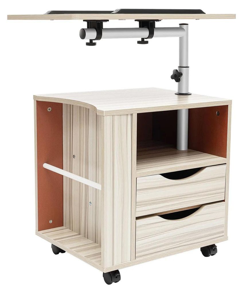 Nachttisch - Rollbarer Beistelltisch/Laptop-Tisch - 360° Drehbar, 180° Kippbar - Höhe 70–90 cm - 2 Schubladen - E1 MDF + Kohlenstoffstahl - 20...