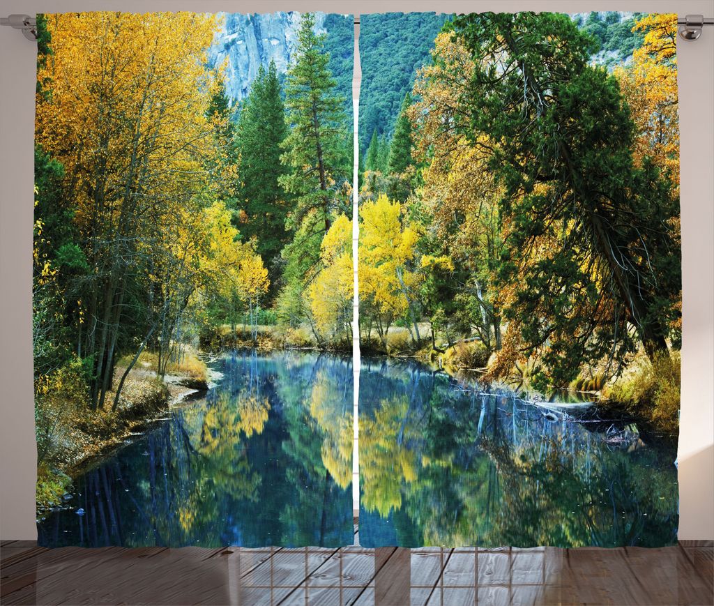 ABAKUHAUS Natur Rustikaler Vorhang, Herbst Waldlandschaft, Wohnzimmer Universalband Gardinen mit Schlaufen und Haken, 280 x 225 cm, Gelb Grün Blau