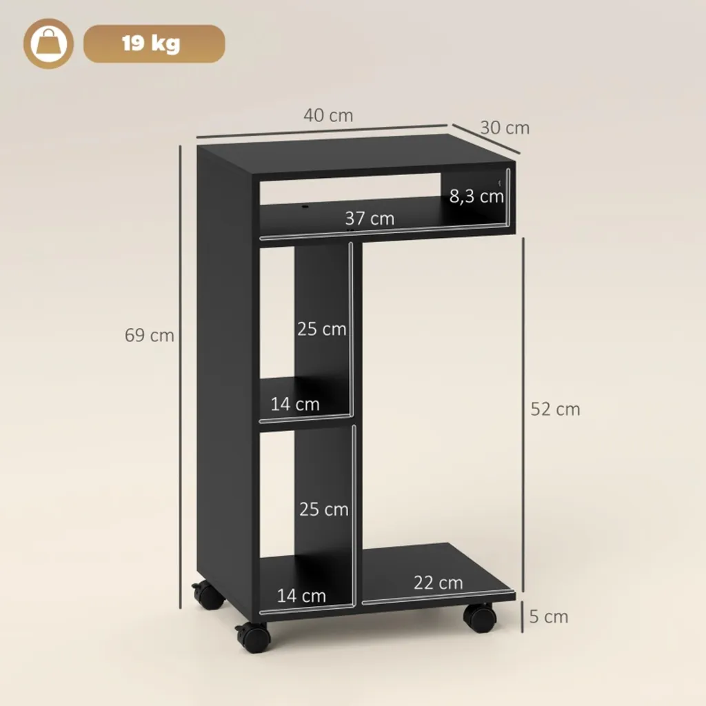 Petite table d'appoint gain de place en C noir chariot mobile à roulettes - 2