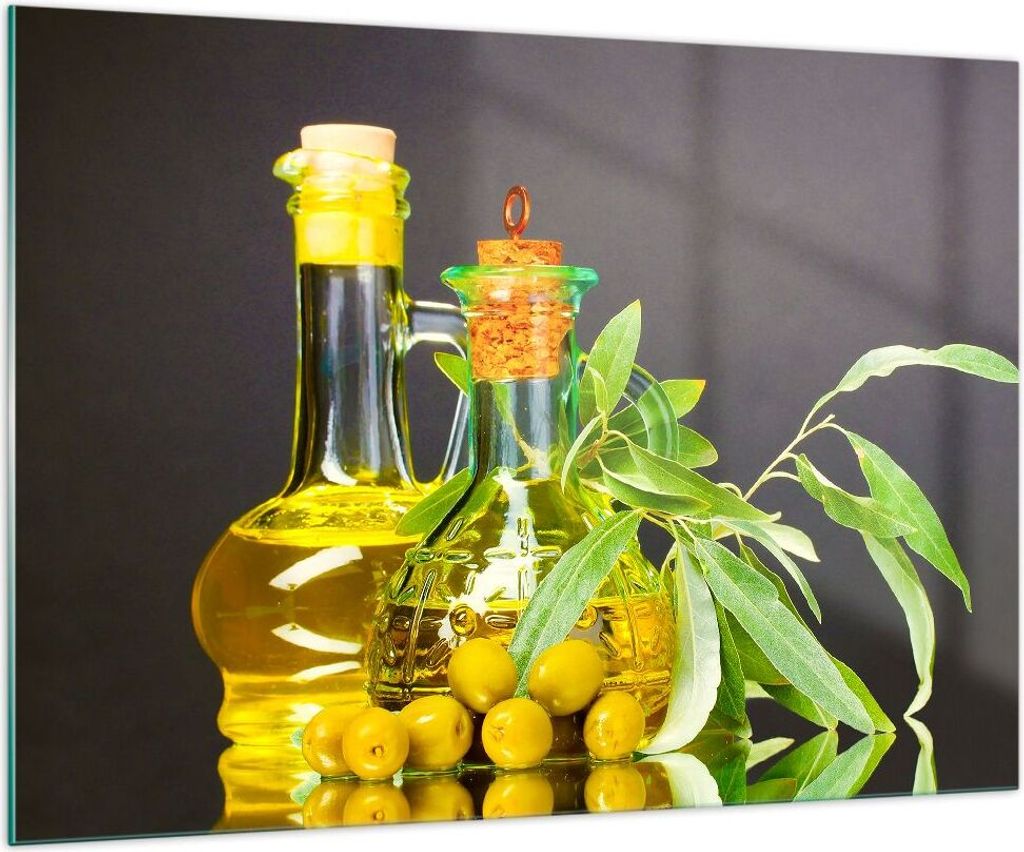 Bilder auf glas - Flasche Glas Olive Öl - 100x70cm - Glasbilder - Wandbilder - Kunstdruck - zum Aufhängen bereit - Wanddekoration aus Glas - Glas...