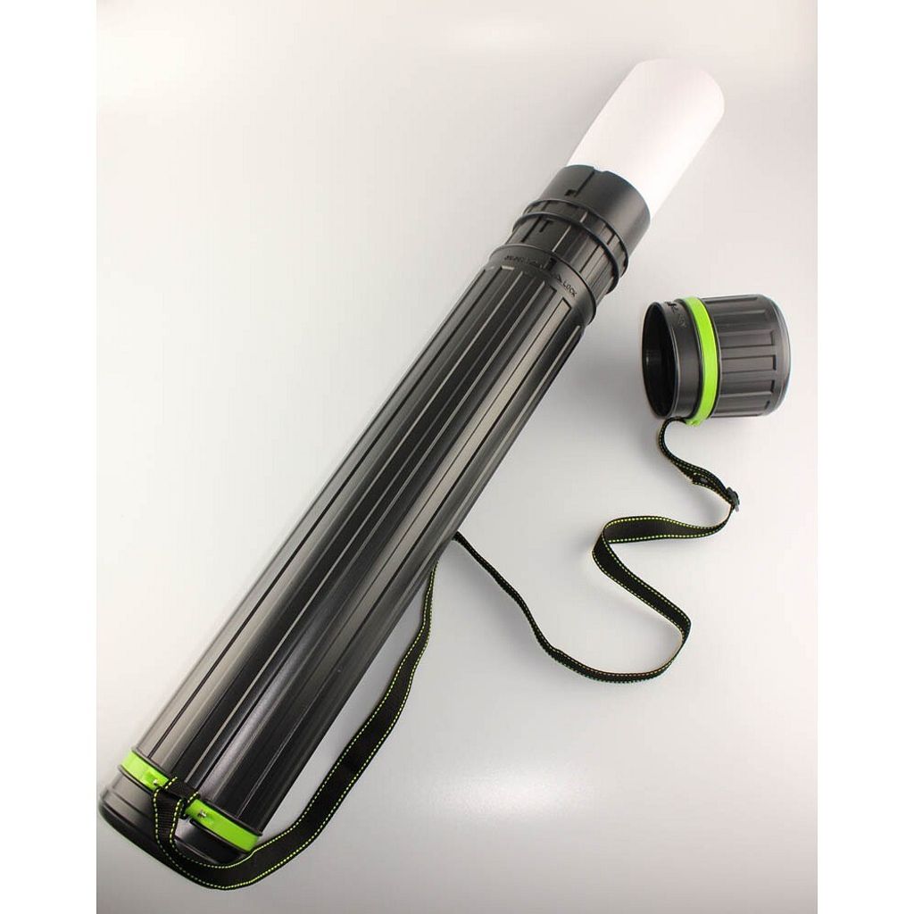 A black drawing tube with a white paper roll inside, lying on a white background. The cap is off and resting next to the tube, attached by a strap. There is also a strap attached to the tube itself.