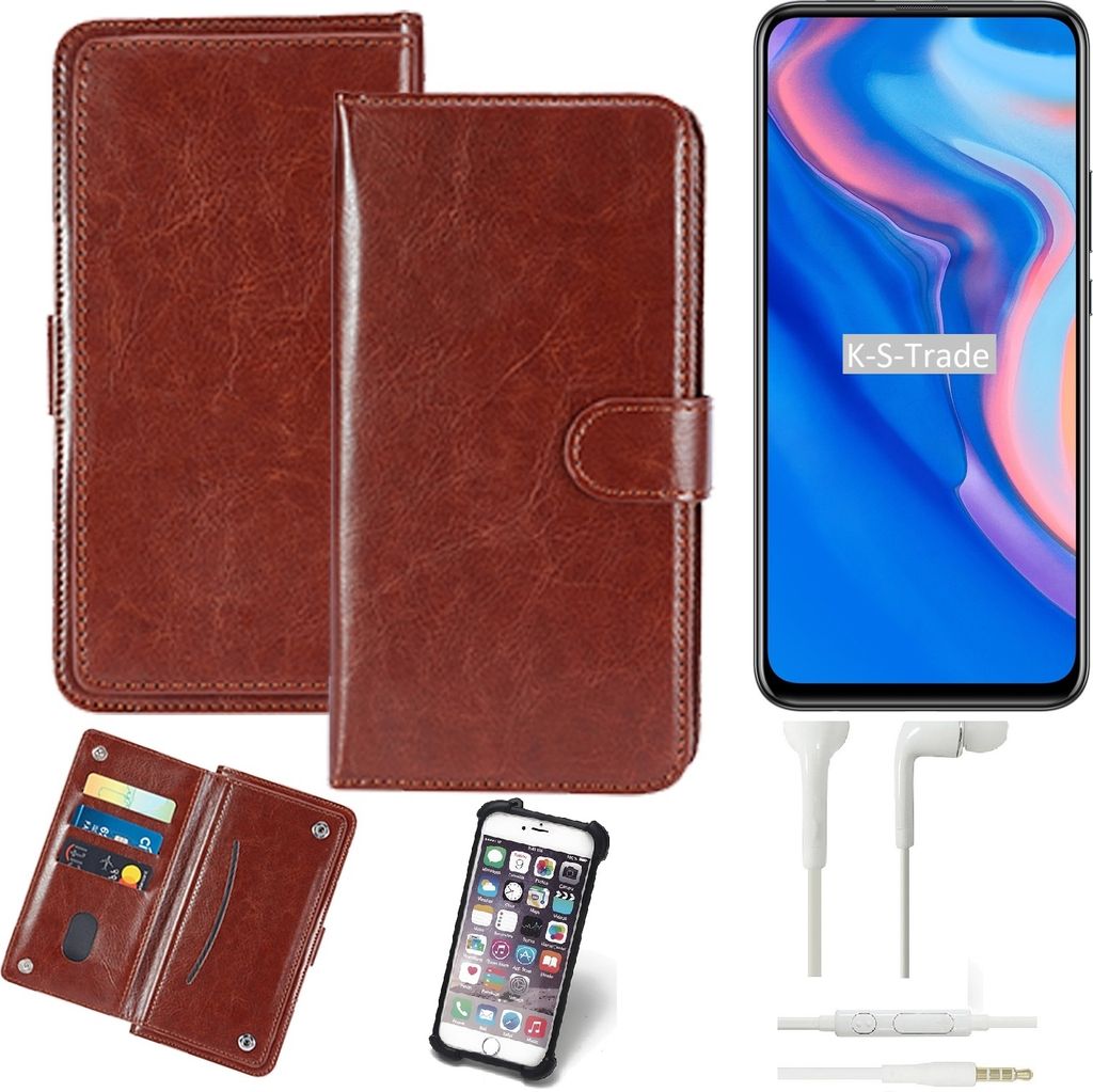 K-S-Trade 360° Hülle kompatibel mit Huawei P Smart Z inkl. Headphones braun Kunstleder Case BookCase WalletCase Kunstlederederhülle Handyhülle,
