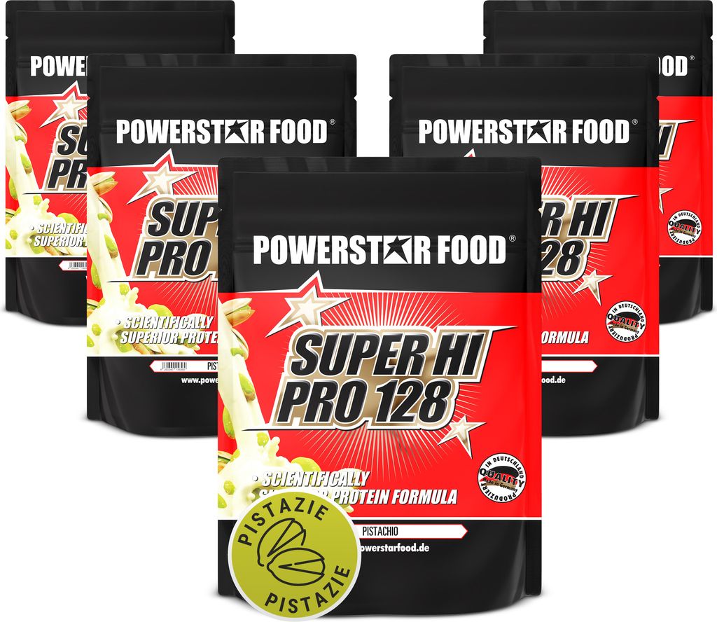 Powerstar SUPER HI PRO 128 | Mehrkomponenten Protein-Pulver 5x1kg | Höchste Biologische Wertigkeit | Protein-Shake zum Muskelaufbau | Pistachio