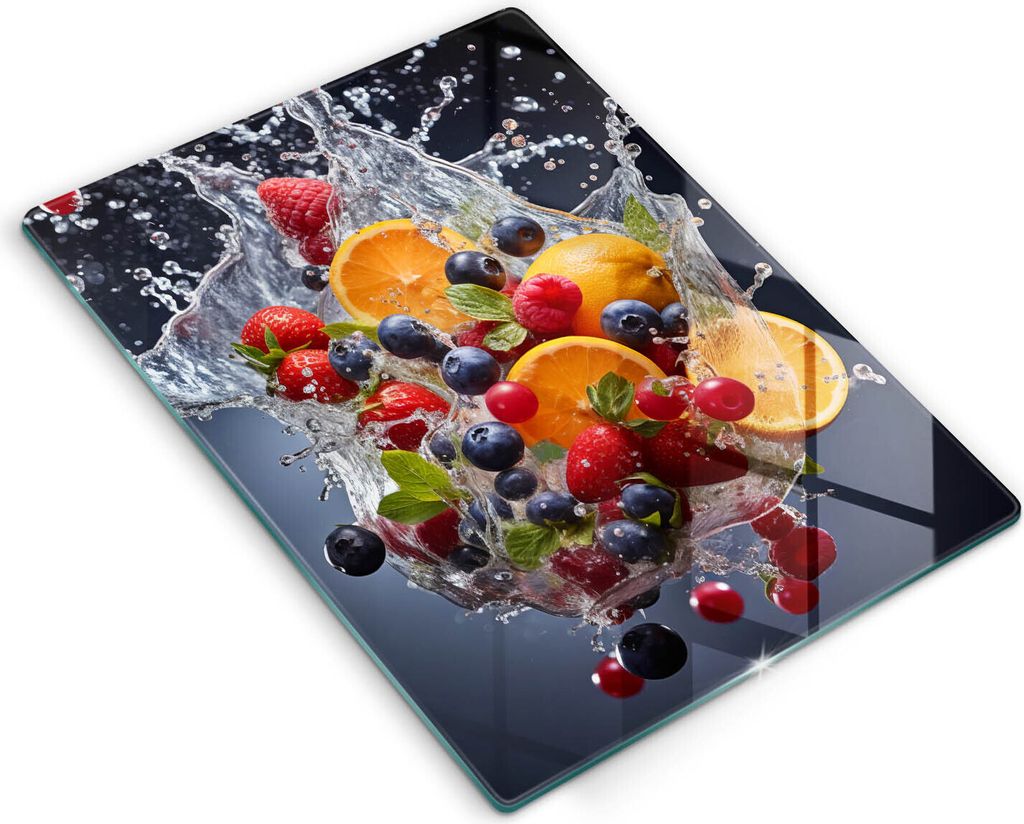 Glasschneideplatte - Herdabdeckplatte - 40x52 cm - Schneidebrett - Spritzschutz - Obst in Wasser
