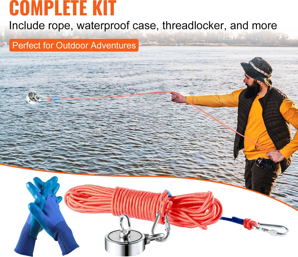 Aimant de Pêche Néodyme pour Récupération en Rivière avec Corde et Crochet