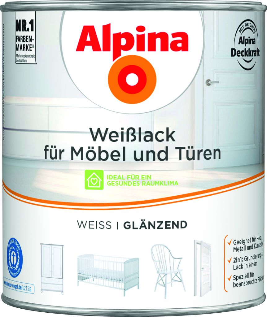 Alpina Weißlack für Möbel & Türen glänzend weiß 2 l