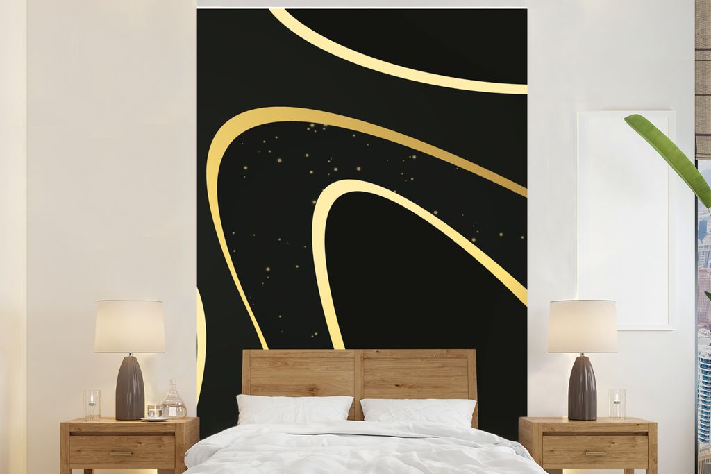 MuchoWow Fototapete für Wohnzimmer oder Schlafzimmer Wandtapete Vinyl Motivtapete Goldene Wellen auf schwarzem Hintergrund - 180x280 cm - Wallpaper