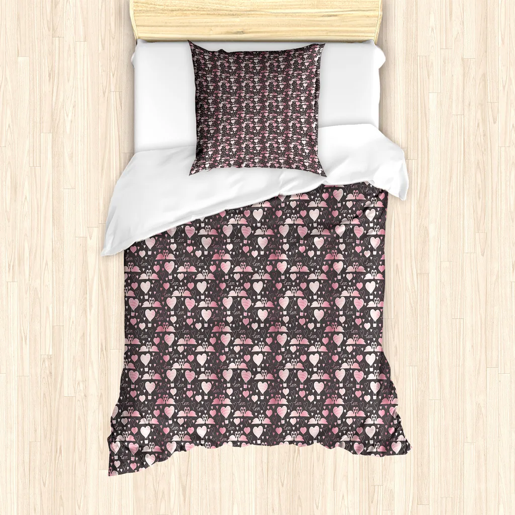 ABAKUHAUS Set copripiumino per letto singolo per San Valentino, cuori e cigni dell'amore, antiacaro, adatto a chi soffre di allergie, con federa, 135 cm x 200 cm - 80 x 80 cm, tortora, grigio, rosa