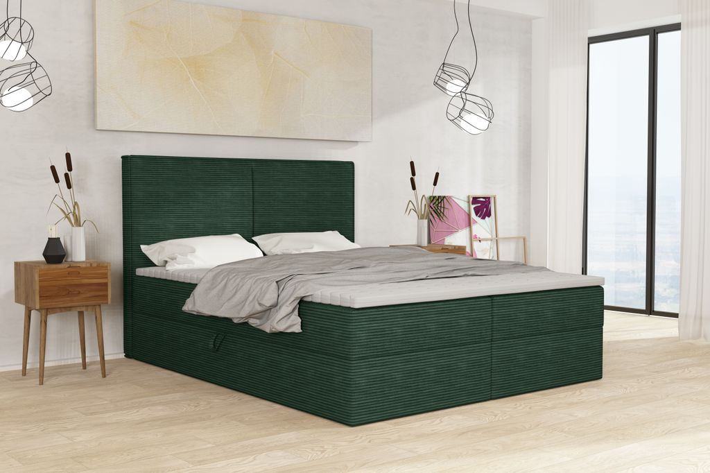 Emoebel24 Boxspringbett mit Topper und 2 Bettkasten, Polsterbett, Doppelbett 160x200 cm Calipso 1 Grün