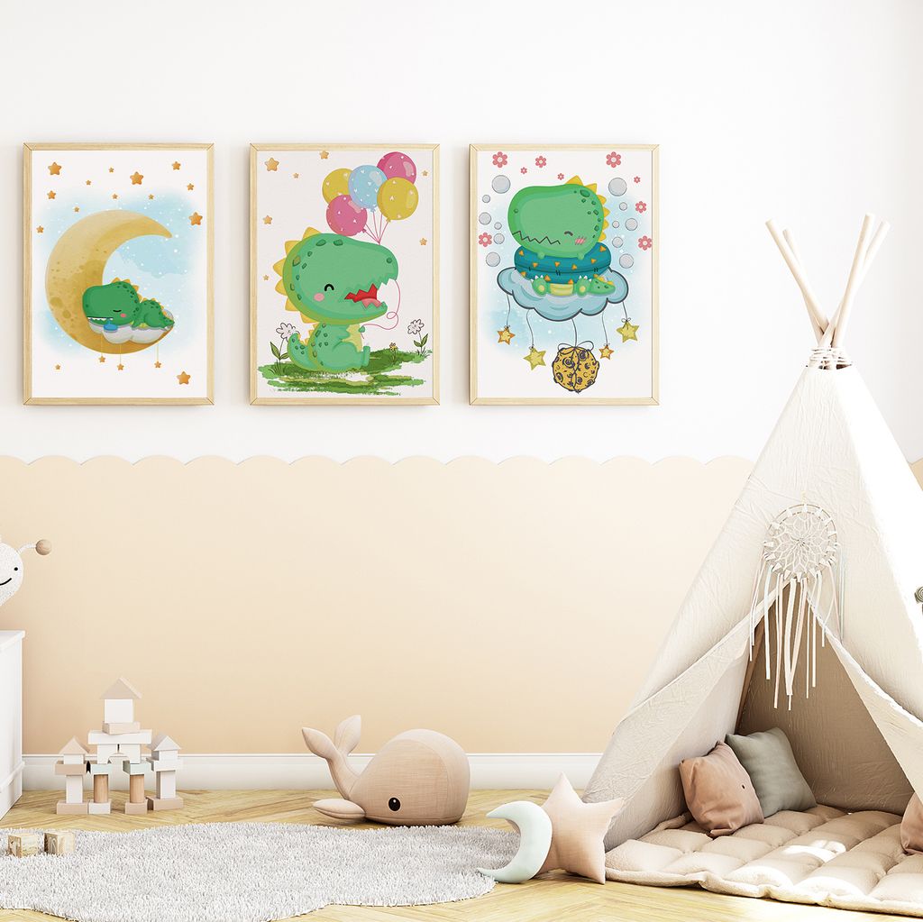 Dinosaurier Mond Luftballon Bilder 3er Set DIN A4 Kinderzimmer Wandbilder Babyzimmer Poster Dekoration