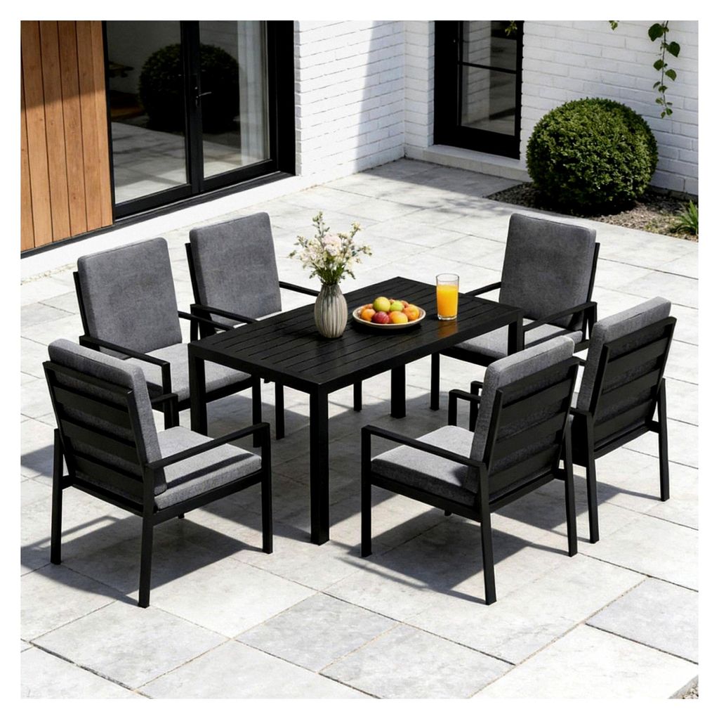 Gartenmöbel Set mit 6 Stühlen und Tisch – 7-teiliges Essgruppe aus Metall und Aluminium, Gartentisch 140×80 cm, wetterfest, mit Kissen und Pol...