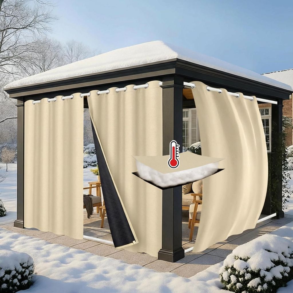 Thermovorhang Verdunkelung Vorhang Außen Kälteschutz Wasserdicht Winddicht Gesteppter Thermo Gardine mit Ösen, 1 Stück, B132xH213cm, Beige