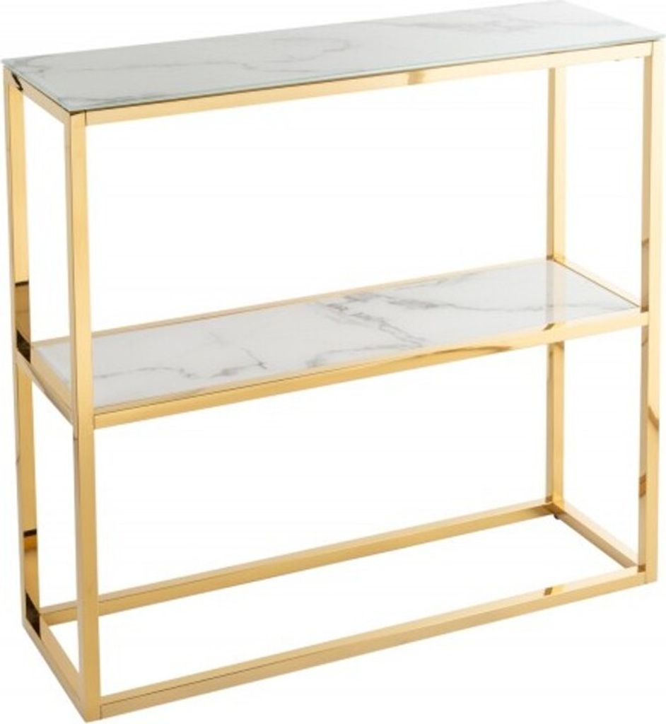 Casa Padrino Konsole Gold / Weiß / Grau Marmor Look 80 x 26 x H. 80 cm - Konsolentisch mit Glasplatte - Wohnzimmer Möbel
