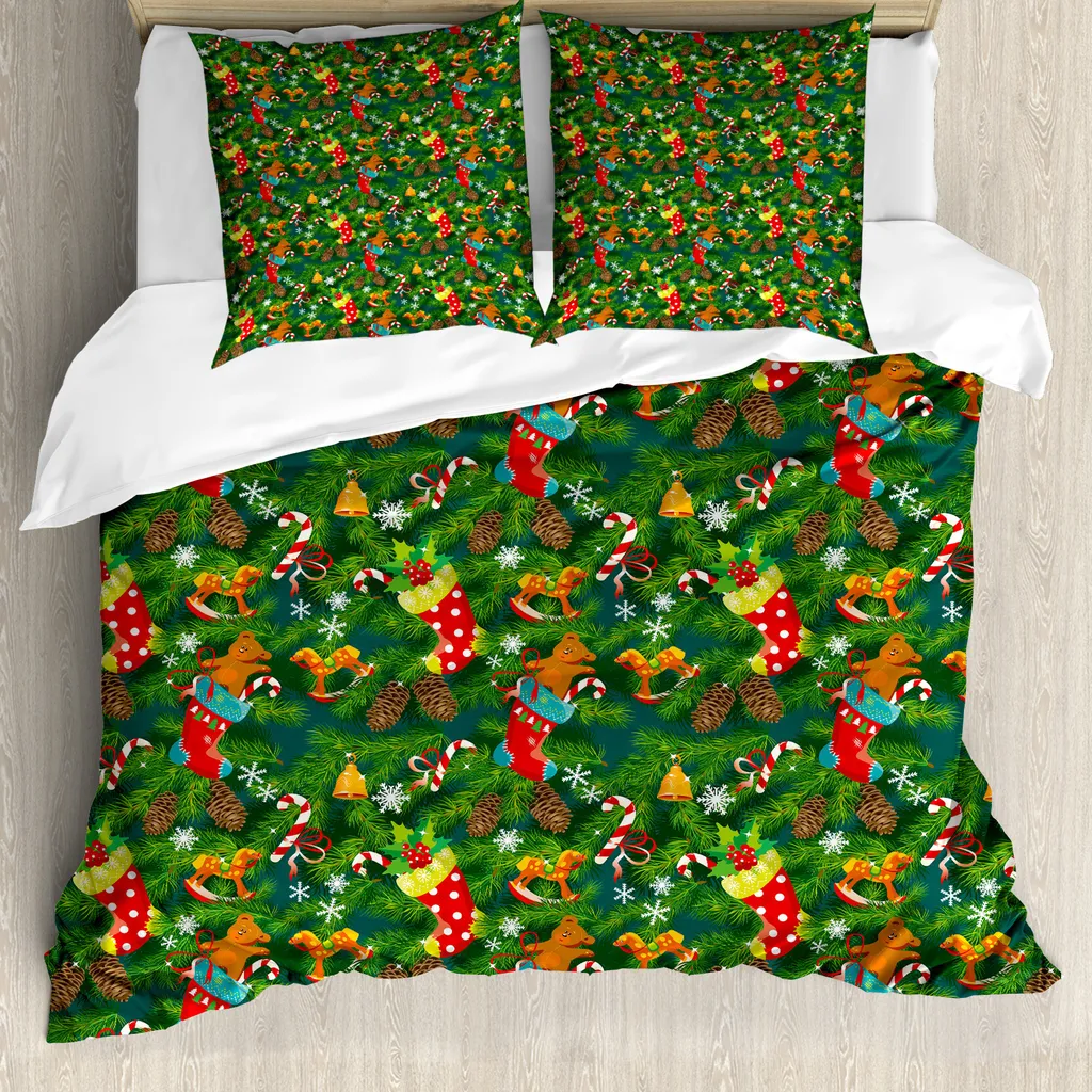 ABAKUHAUS Copripiumino natalizio, accessori natalizi Pine, antiacaro, adatto a chi soffre di allergie, con federe, 155 cm x 220 cm - 80 x 80 cm, verde scuro, marrone e rosso