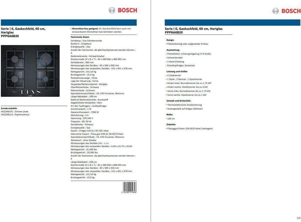 Bosch Serie 6 Ppp6a6b20 Gasherd 60 Cm Schwarz  Schwarz One Produktbild 8