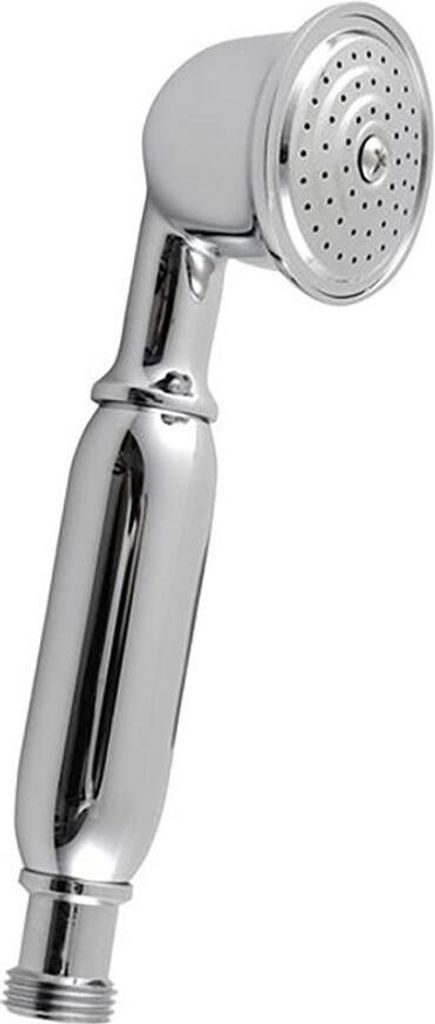 A chrome-plated hand shower head on a white background.