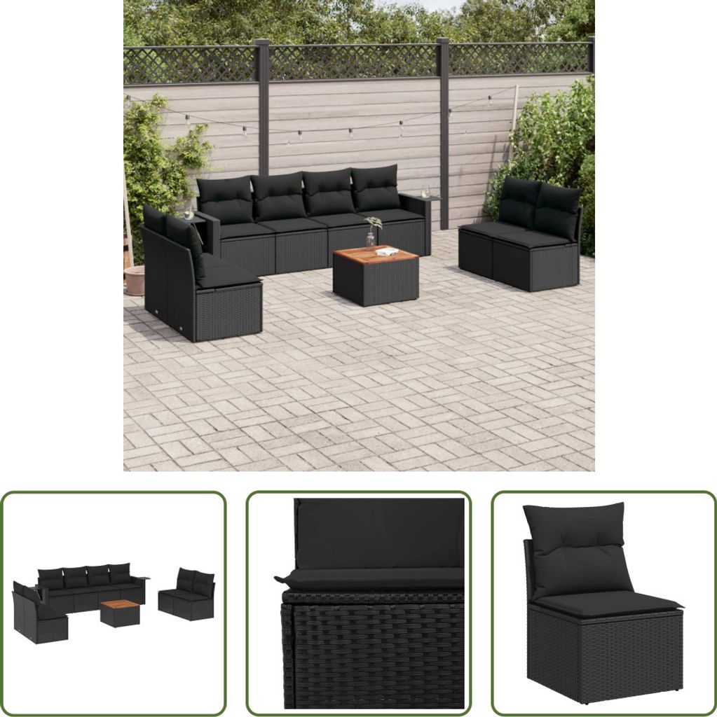 The Living Store 9-tlg. Garten-Sofagarnitur mit Kissen Schwarz Poly Rattan