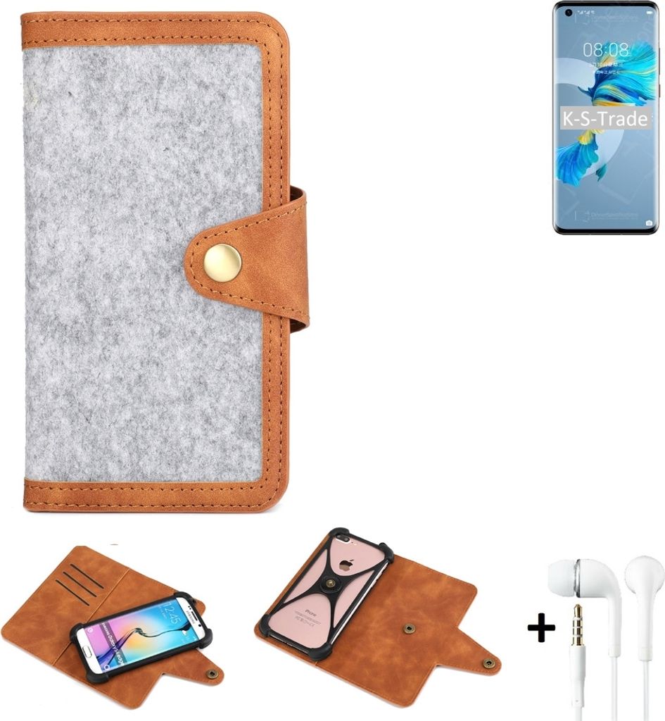 K-S-Trade Handyhülle + Kopfhörer kompatibel mit Huawei Mate 40E 5G Schutzhülle Filz Hülle Kunstleder hellgrau braun (1x)
