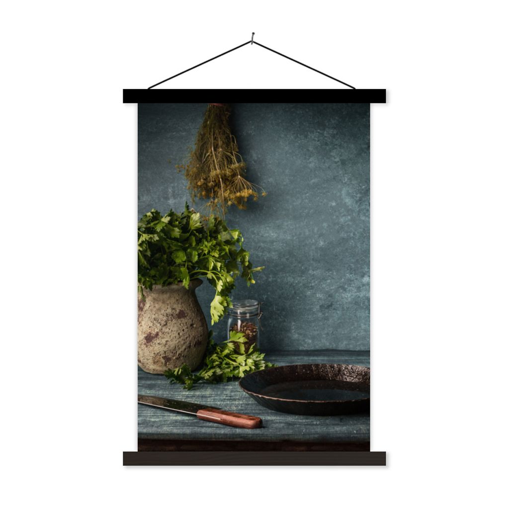 MuchoWow Textilposter Kräuter - Gewürze - Pfanne - Messer - Grau - Rustikal 60x90 cm mit schwarzem Rahmen - Poster Wohnzimmer
