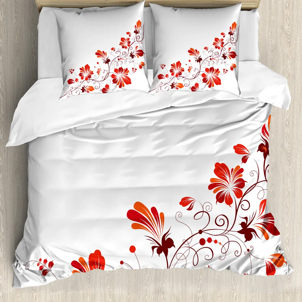 ABAKUHAUS Copripiumino cinese, motivi floreali a petali, antiacaro e anallergico, con federe, 155 cm x 220 cm - 80 x 80 cm, rosso e bianco