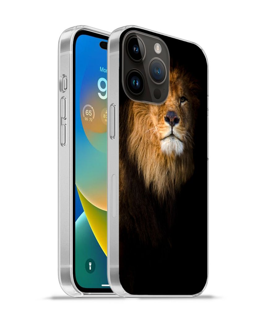 MuchoWow Handyhülle Schutzhülle Hülle für Apple iPhone 14 Pro - Softcase Löwe - Licht - Schwarz - Porträt Silikon Softcase Handy Hülle - U...