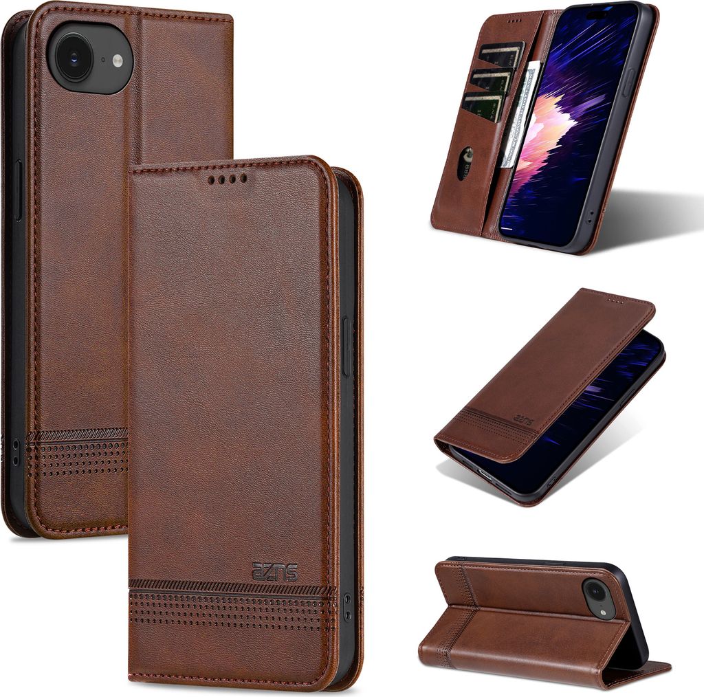 Leder Hülle für iPhone 16e/iPhone 17e, Klapphüllen Brieftasche Magnetverschluss Ständer Schutzhülle Kaffee