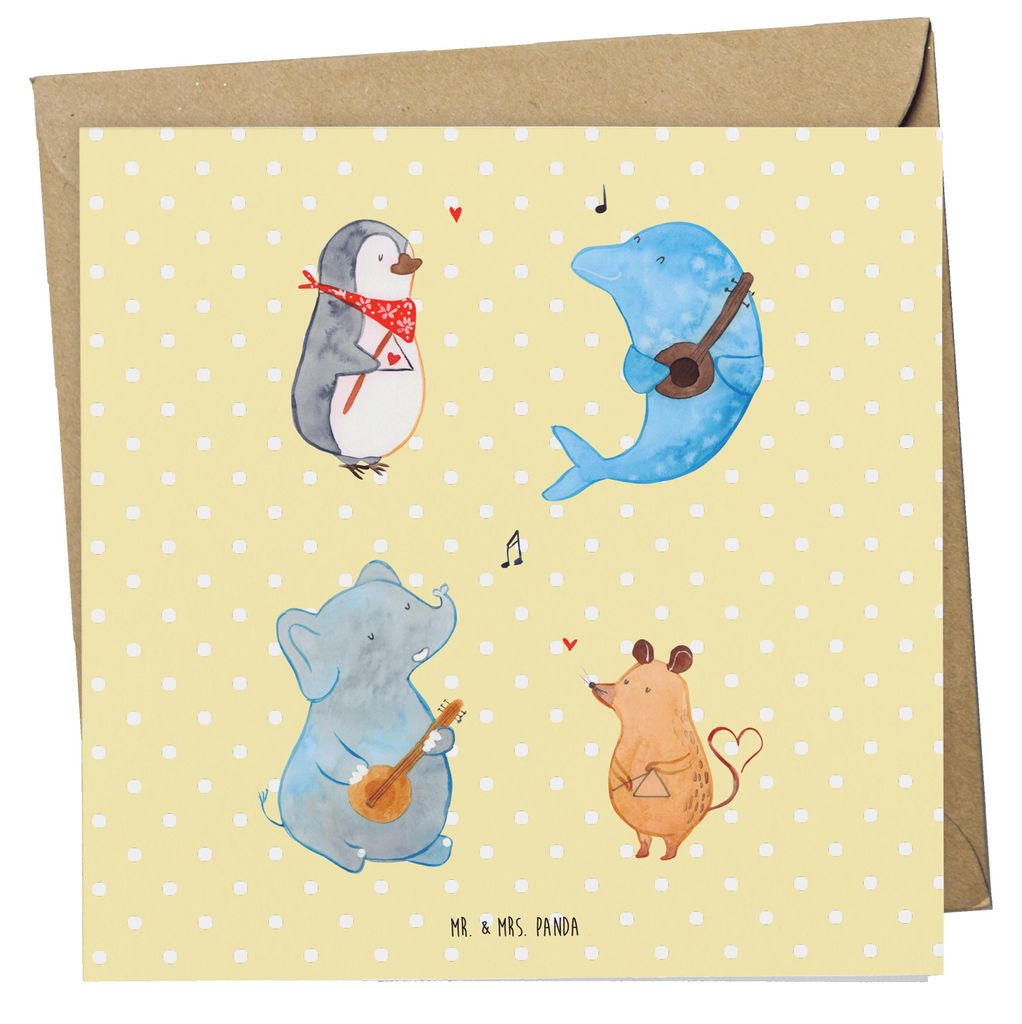 Mr. & Mrs. Panda Grußkarte Big Band - Gelb Pastell - Geschenk, Hund, Glückwunschkarte, Musik, Klappkarte, anlasskarte, doppelkarte, Gitarre, Elef...