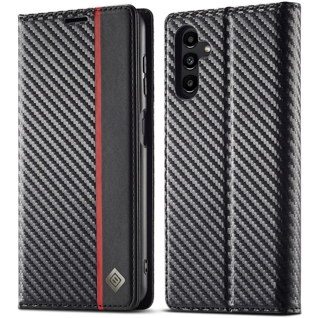 Hülle für Samsung Galaxy S25 Kohlefaser Leder Brieftasche Schutzhülle mit Standfunktion Schwarz Vertikale Rot