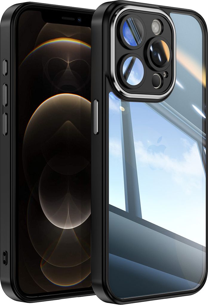 Handyhülle für iPhone 12 Pro Max Hybrid Transparent TPU PC Militärschutz mit Kameraabdeckung Schwarz