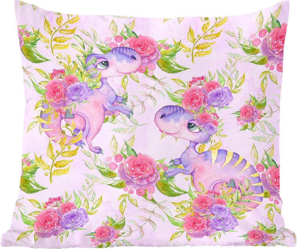 MuchoWow Zierkissen Sofakissen Wohnzimmer Dekokissen 45x45 cm Kinderzimmer - Lila - Dinosaurier - Mädchen - Kinder - Rosa - Schlafpolster - Pols...