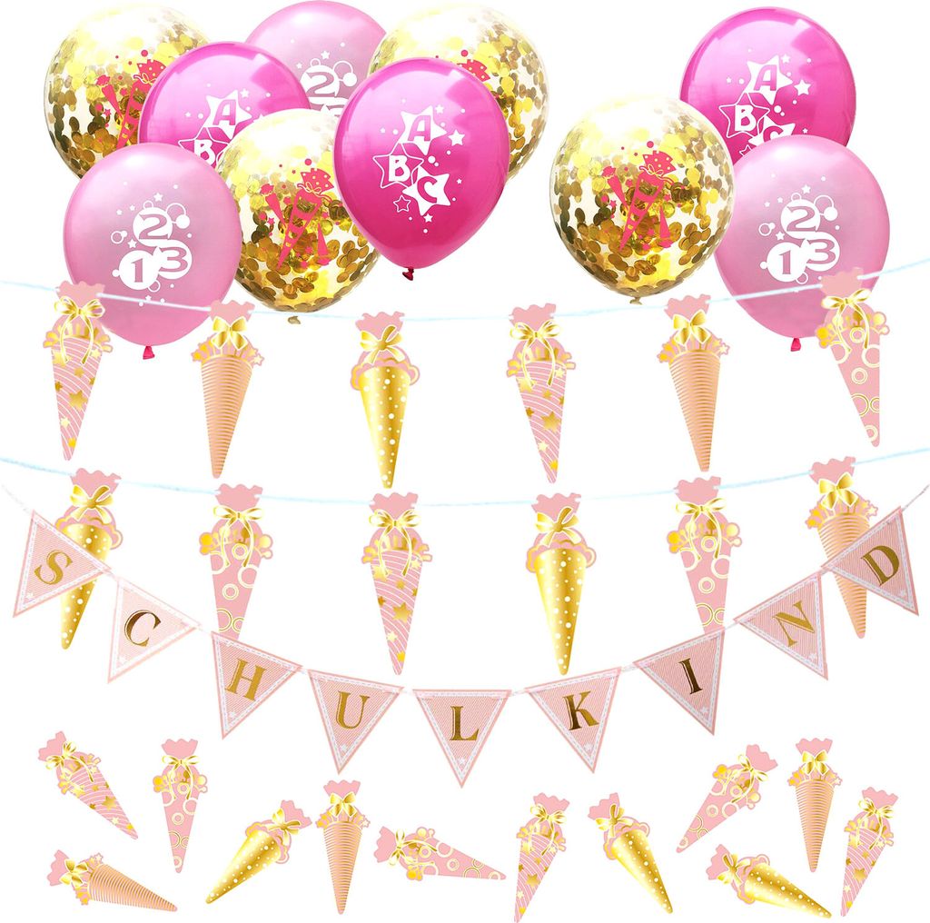 Oblique Unique Schuleinführung Schulanfang Einschulung Deko Set - Schulkind + Zuckertüten Girlande + Luftballons + Konfetti